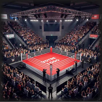 Un ring de boxe vibrant dans une arène comble ; une foule enthousiaste l'entoure, des projecteurs suspendus éclairent le ring, créant une atmosphère énergique et intense.