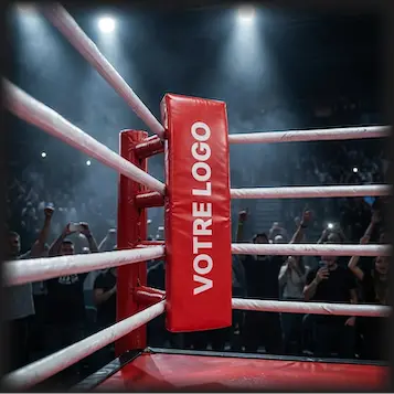 Coin du ring de boxe sous les projecteurs, avec un poteau rouge rembourré portant l'inscription « Votre Logo ». Le public en arrière-plan applaudit, créant une ambiance survoltée.