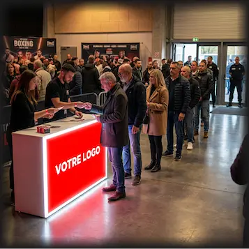 Une foule fait la queue devant un guichet d'enregistrement moderne orné du logo « Votre » rouge vif. L'ambiance est électrique, l'événement de boxe se préparant avec impatience.